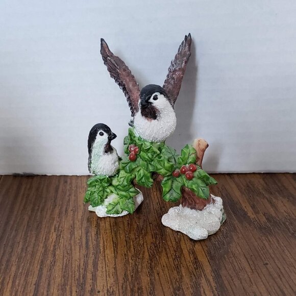 Two Small Ceramic Chickadees on Holly Log with Snow - Picture 2 of 5